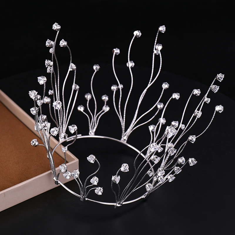 

Silver Crystal Big Round Tiaras And Crowns Princess Women Hair Jewelry For Bridal High Diadems Wedding Hair Accessories Pageant