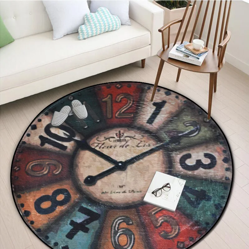 

Vintage Wall Clock Printing Chair Mat Area rug Baby Crawling Rugs Yoga Mats Home Decoration Big Round Carpet For Living Room