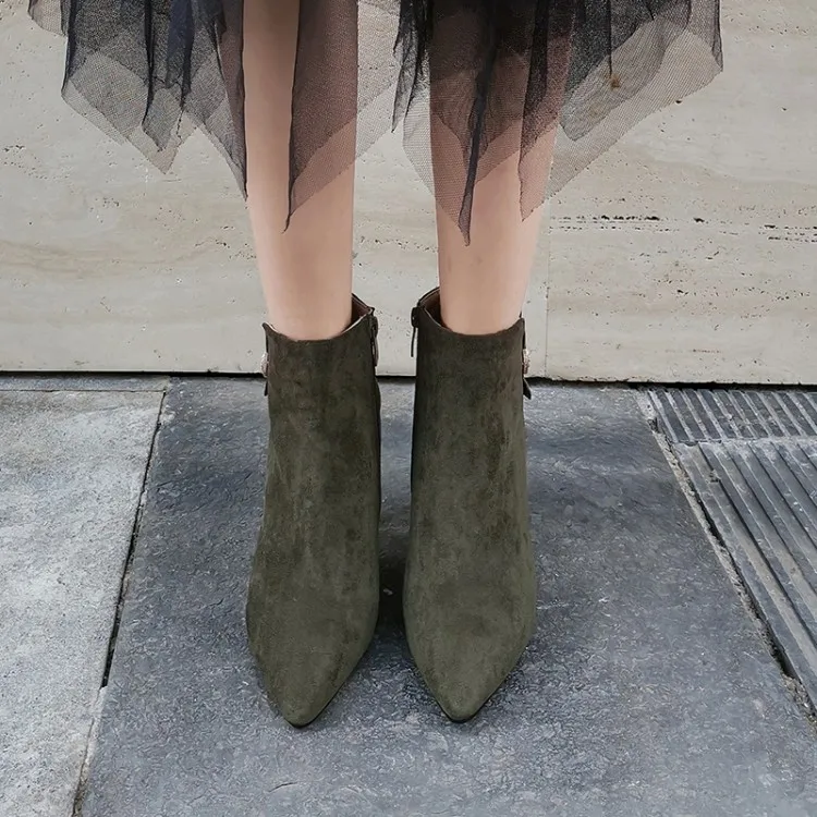 Sianie Tianie/ г. Женская обувь из флока оливкового цвета с острым носком на высоком тонком каблуке женские ботильоны женские ботинки на шпильке, размер 33-48