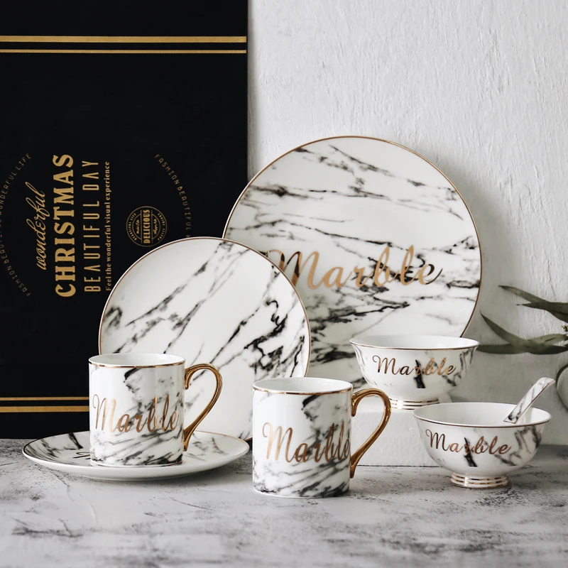 

Best Creative Design plate Porcelain Tableware Gold European Style Marble Pattern Luxury Ceramic Dinnerware Set China Melamine