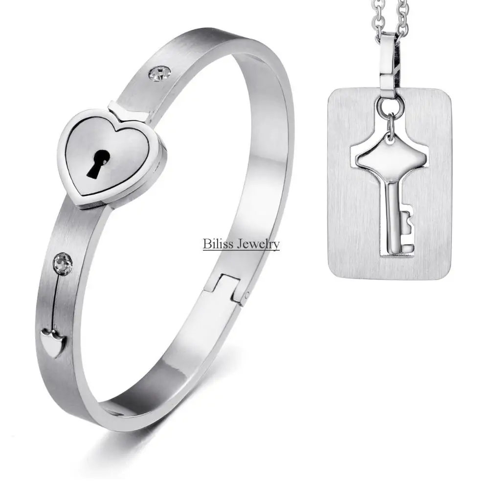 Boniskiss Necklace Bracelet Fashion Silver Heart Lock Boniskiss Necklace Bracelet Fashion Silver Heart Lock Stainless Steel Key Pendant Anium Jewelry Sets In From
