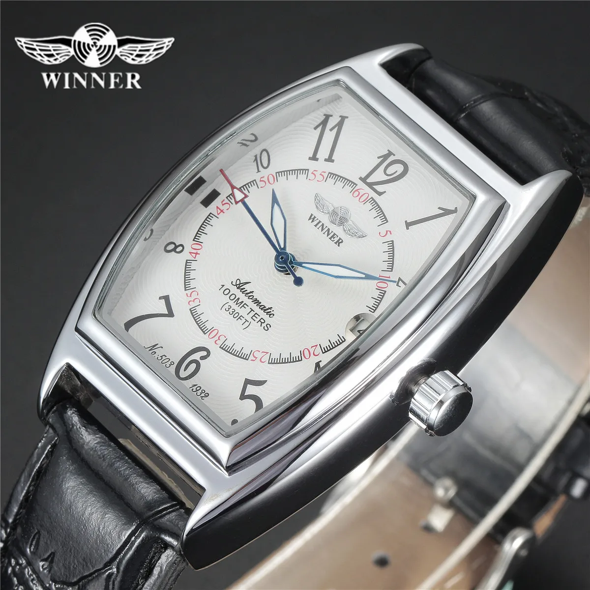 New WINNER Automatic Mechanical Watches Oval Dial Black Leather Strap