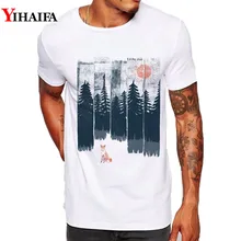 Hipster Men T Shirt Slim Fit Graphic Tee Funny Fox Forest Tree 3D Print T-Shirts Casual White Tops men forest print tee