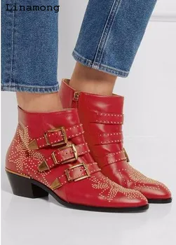 

2018 Spring Autumn New Arrival Mid-Calf Boots Pointed toe Heels Boots square heel flat with rivet decoration Women Boots