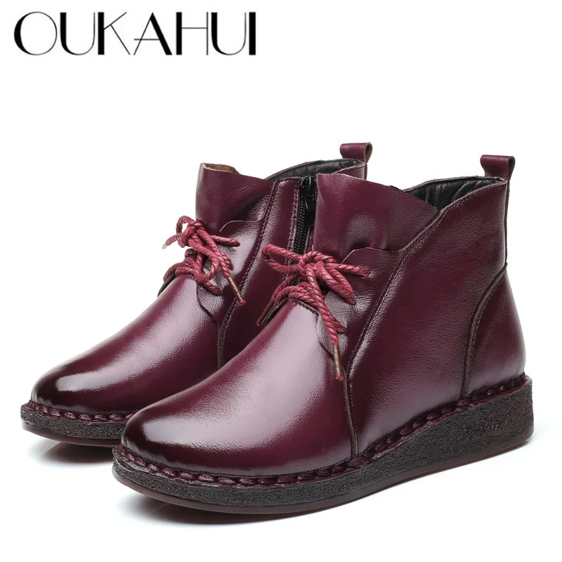 

OUKAHUI Autumn Winter Ankle Boots For Women Genuine Leather Flat Low Heel Vintage Handmade Ladies Short Boots Warm Shoes Women