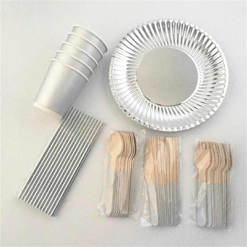 

20 Sets Paper Wooden Forks Knives Spoons Plates Cups Straws Table Cloth Silver Party Decor Baby Shower Carnival Party Supplies