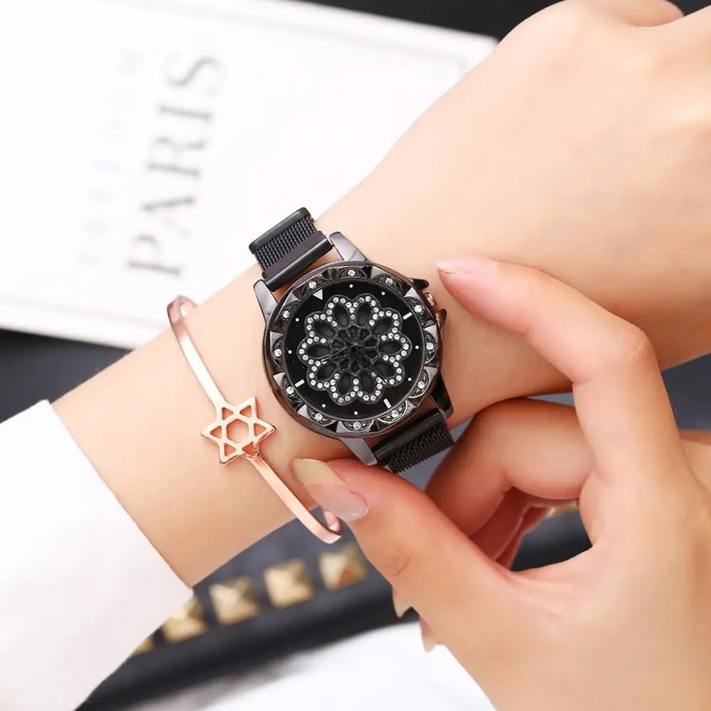 

Fashion Trend Rotating Watch For Women Magnetic Black Watch Ladies Luxury Crystal Quartz Wristwatches reloj mujer zegarek damski