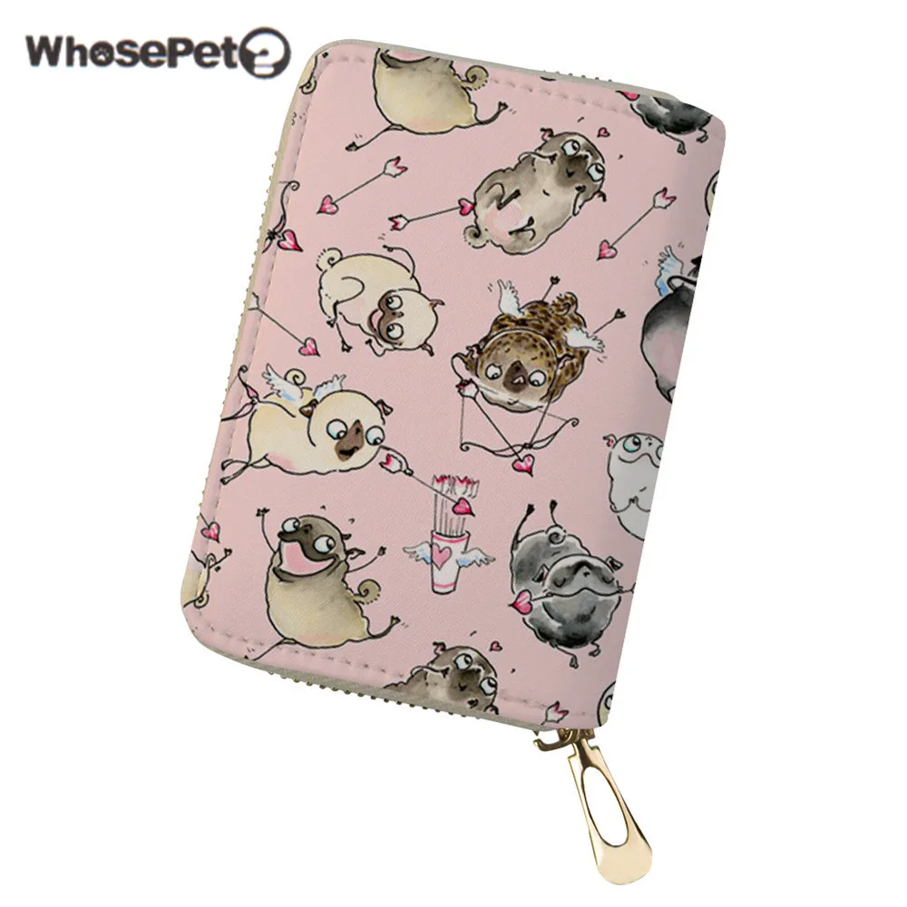 

WHOSEPET Women Credit Card Holder Pug Dog Printed Lady Coin Purse Passport Case Female Card Wallet With Zipper ID Card Holder