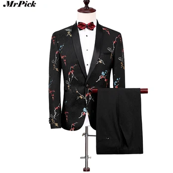 

(Jacket+Pants) 2017 New Men Black Flower Suits Slim Vintage Designer Brand Party Tuxedo