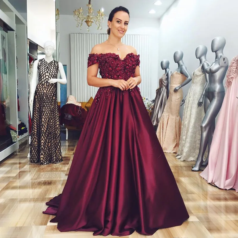 New Arrival Burgundy A-line Prom Dresses Off the Shoulder 3D Flower Beading Evening Gowns Draped Satin Special Occasion Dress | Свадьбы и