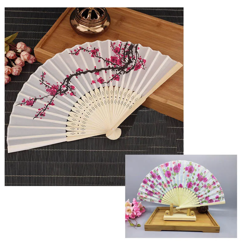 

Plum Blossom Flower Print White Polyester Fans Silk Summer Supplies Delicate Elegant Dancing Fan Bamboo Folding Hand Fan