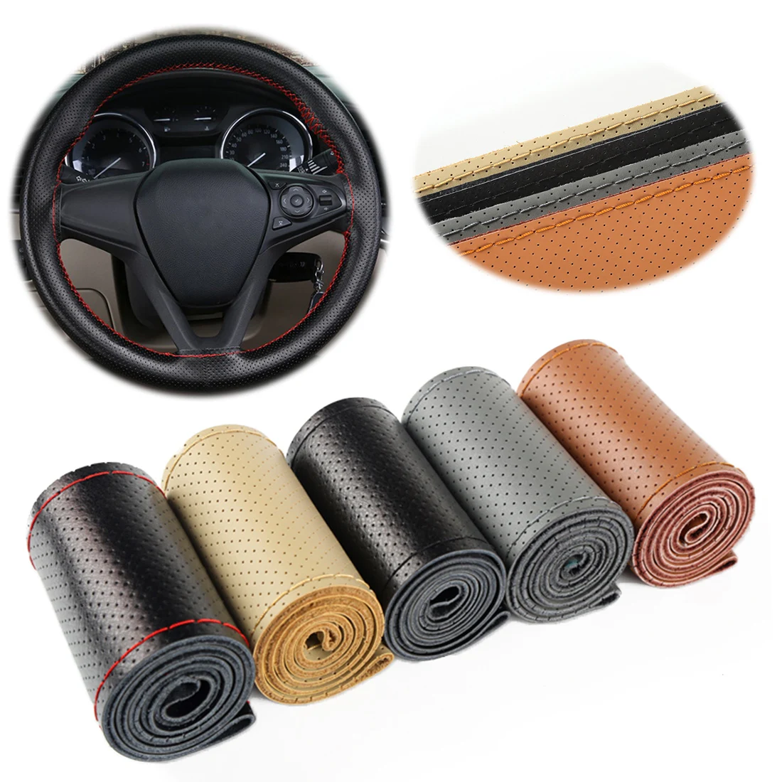Dewtreetali Genuine Leather Car Steering Wheel Cover Soft Anti-slip with Needle Interior Accessories for Ford Focus 2 Peugeot Dewtreetali Genuine Leather Car Steering Wheel Cover Soft Anti-slip with Needle Interior Accessories for Ford Focus 2 Peugeot