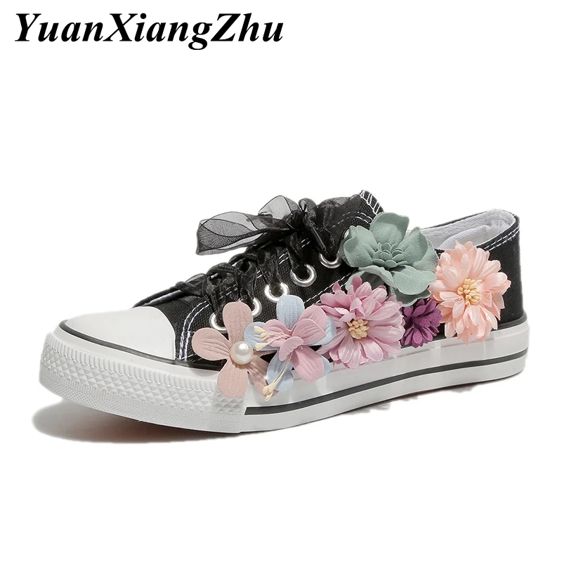 

2019 fashion flower women casual shoes sneakers female summer canvas shoes trainers lace up girl basket femme vulcanize shoes