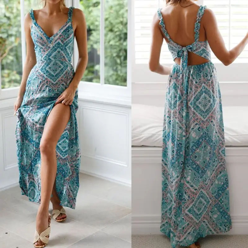 

2019 Women Ladies Boho Floral Print Dress V Neck Strappy Casual Maxi Dress Holiday Summer Beach Sundress S-XL