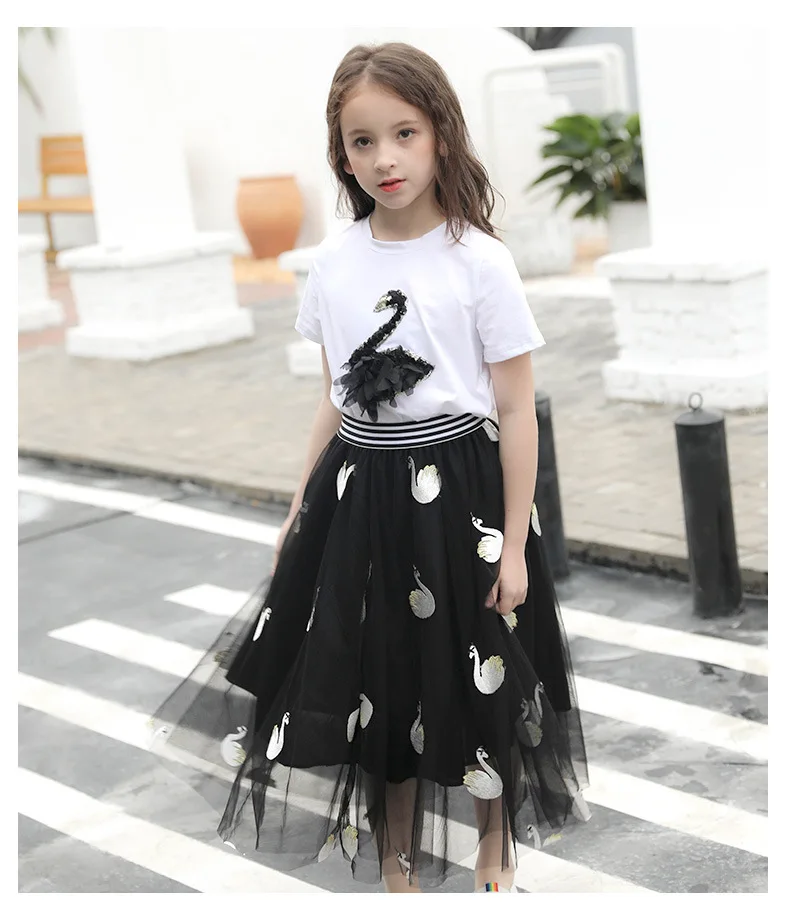 

Summer Girls Clothes Sets Swan Mesh Skirts Tracksuits Embroidery T shirt Big Girls Sets 8 10 11 12 Years Teenage Girl Clothes