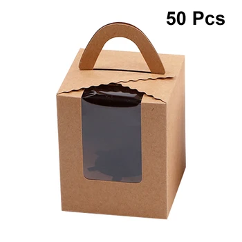 

50pcs Cupcake Storage Boxes For Kitchen Single Cavity Windowed Kraft Paper Holder Packaging Containers Carriers With Insert