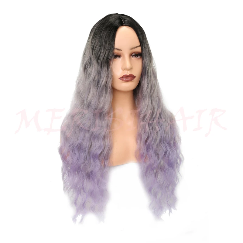 MERISI HAIR Long Wavy Gray Omber Purple Wigs For Women  Synthetic Hair  High Temperature Fiber Average Size1 (2)