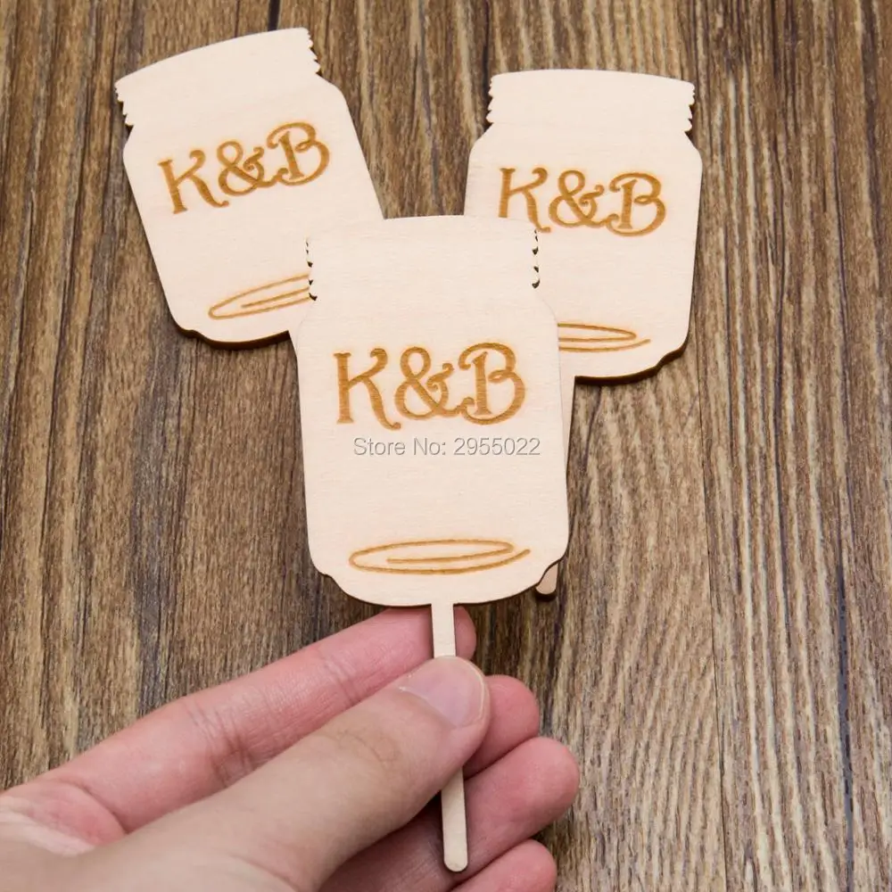 Rustic Initials mason jar cake toppers,wooden cupcake topper, Wedding