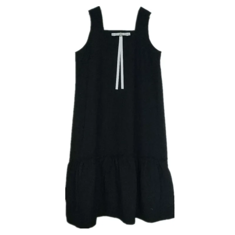 

4 to 16 years kids & teenager girls spring summer square collar cotton casual black jumpsuit dress with removable pin clothes