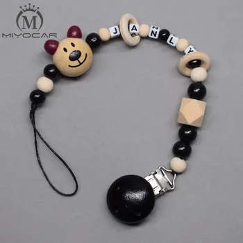 

MIYOCAR CUSTOM Any name lovely bear black white wooden beads dummy clip holder pacifier clip soother chain teether clip