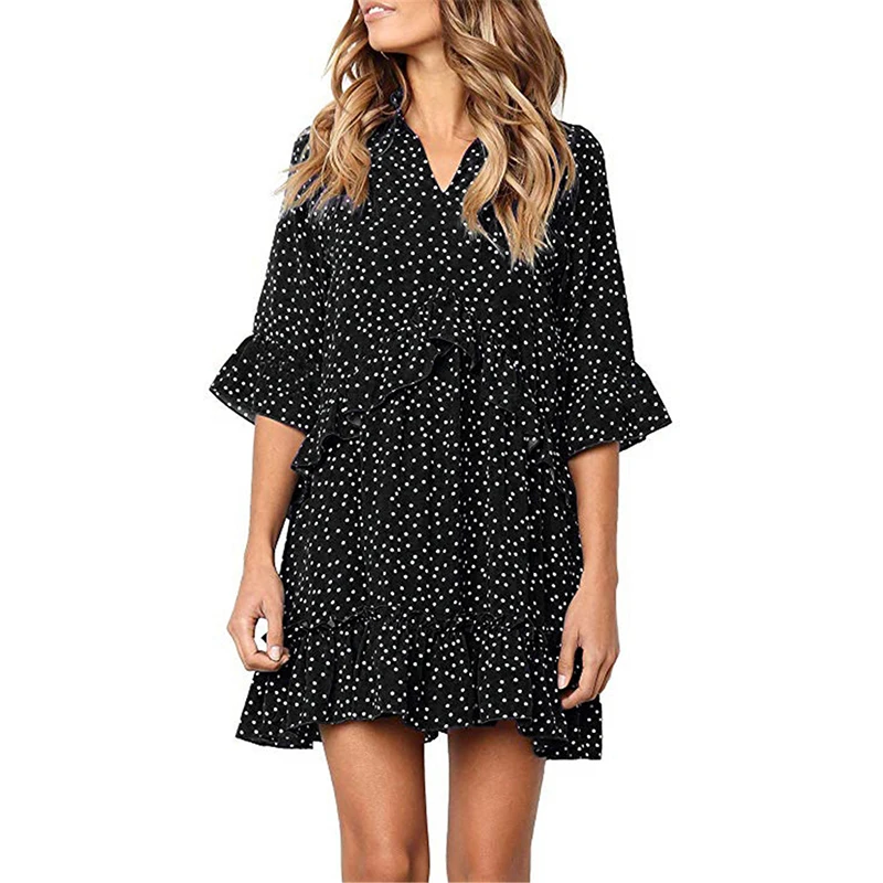 

Boho Dresses Dot Printed Dress Plus Size 2019 Women Floral Dress Spring Summer Mini Sundress V Neck Ruffle Hem Polka Femme M0402
