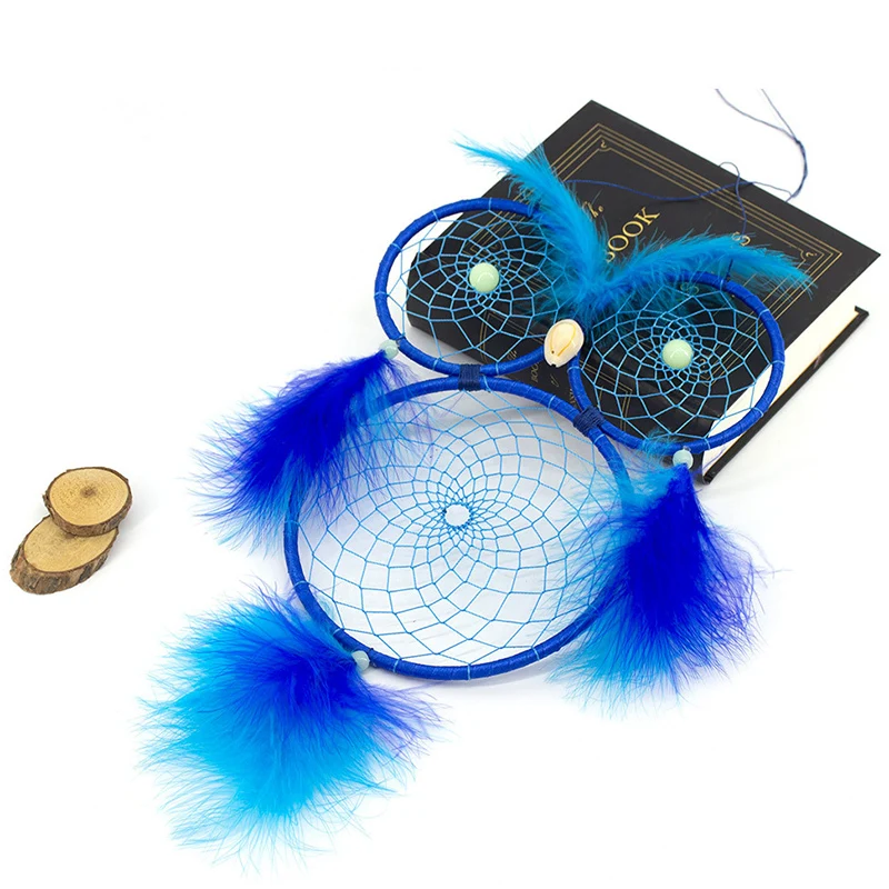 JX-LCLYL Handmade Blue Dream Catcher Luminous Owl Feathers Wall Hanging Decoration