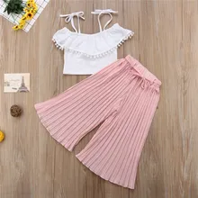 Летнее платье без рукавов ремень кисточкой топы Свободные расклешенные Длинные розовые штаны Одежда для девочек 2 шт. Для детей комплект одежды для маленьких девочек