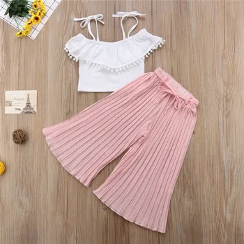 

Summer Sleeveless Strap Tassel Tops Loose Flared Long Pink Pants Girl Clothing Outfits 2PCs Children Kids Baby Girls Clothes Set