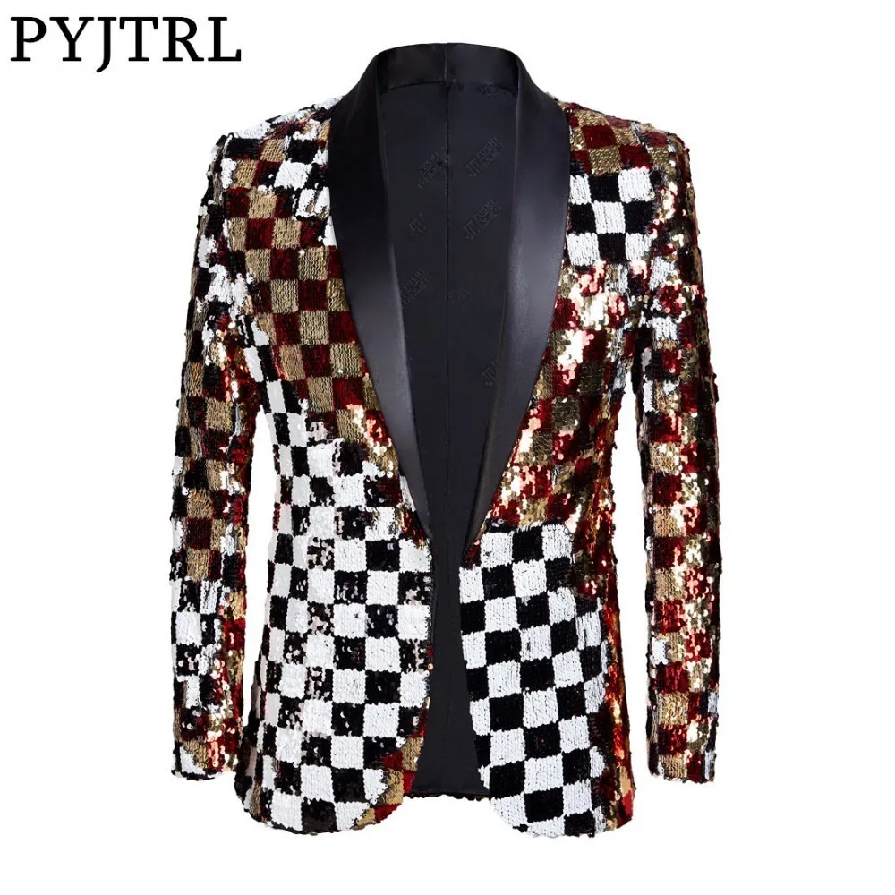 Kaufen PYJTRL Marke Neue Männer doppelseitige Bunte Plaid Rot Gold Weiß Schwarz Pailletten Blazer Design DJ Sänger Anzug Jacke mode Outfit
