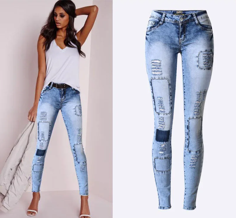 2016 Women Fashion Autumn Slim Little Feet Multi holes Blue Patch Stretch Pencil Jeans Women Casual