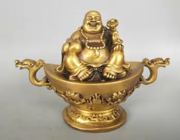 

Collection Chinese Pure Brass Carved Maitreya Buddha Happy Buddha Sitting On The Yuan Bao Wealth Beautiful Small Statu