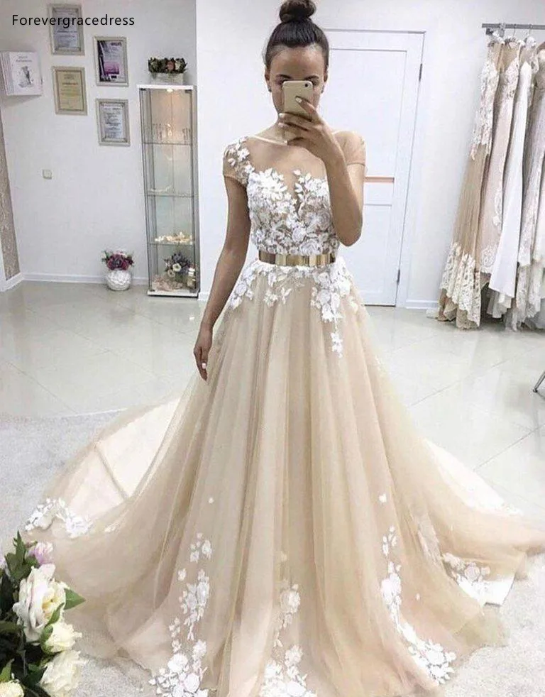 2019 Summer Simple Bohemian Wedding Dresses Tulle A Line Appliques Sheer Neck Cap Sleeve Champagne Boho Beach Bridal Gowns  159 (2)
