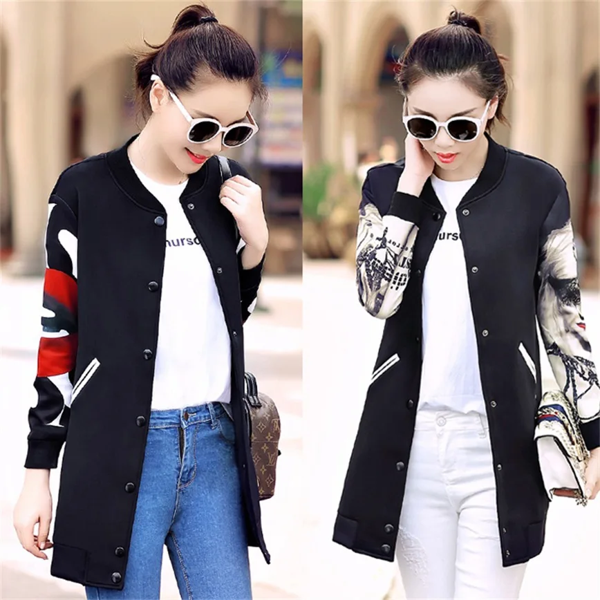 Kopen En najaar vrouwen nieuwe Koreaanse versie van de tiener meisje casual wilde gedrukt baseball uniform lange windjack