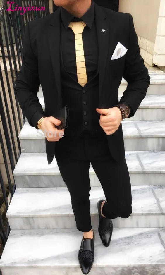 Linyixun Ternos Masculino Slim Fit 2018 Black Formal Suit Men 3 Pieces Set Traje Hombre Wedding Suits For Costume Homme | Мужская одежда