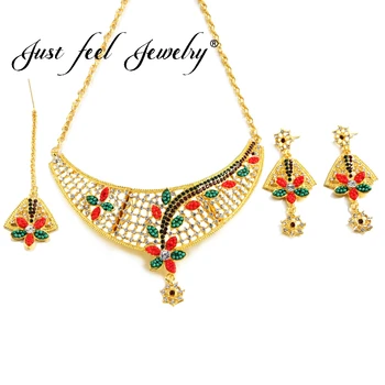 

JUST FEEL African Jewelry Sets Women Wedding Beads Crystal Party Fashion Bridal Gold Color Headdress Earrings Necklace Accessory