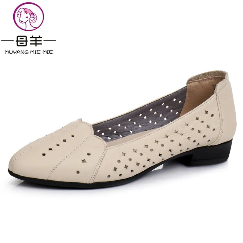 

MUYANG Summer Shoes Woman Genuine Leather Flat Sandals 2018 Ladies Casual Breathable Sandals Women Sandals Big Size 35 - 43