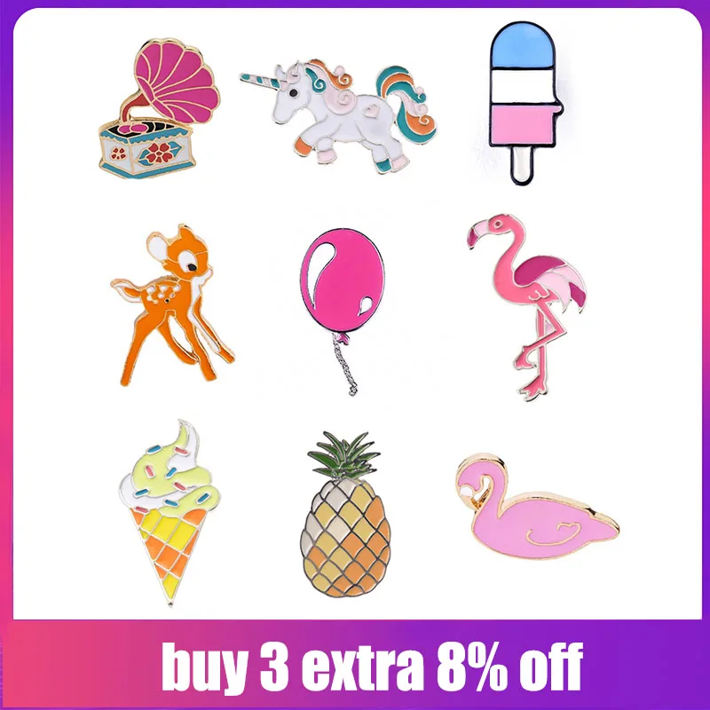 

2019 Women's Brooch Cute Animal Horse Flamingos Enamel Pins Brooches Badges Pin Collar Dresses Plant Ice Cream Brooch Jewelry