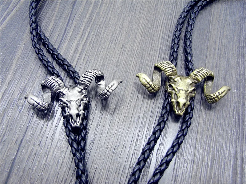 

Bolo Tie New Retro Shirt Chain Sheep Head Powell Collar Leather Necklace Long Tie Pendant