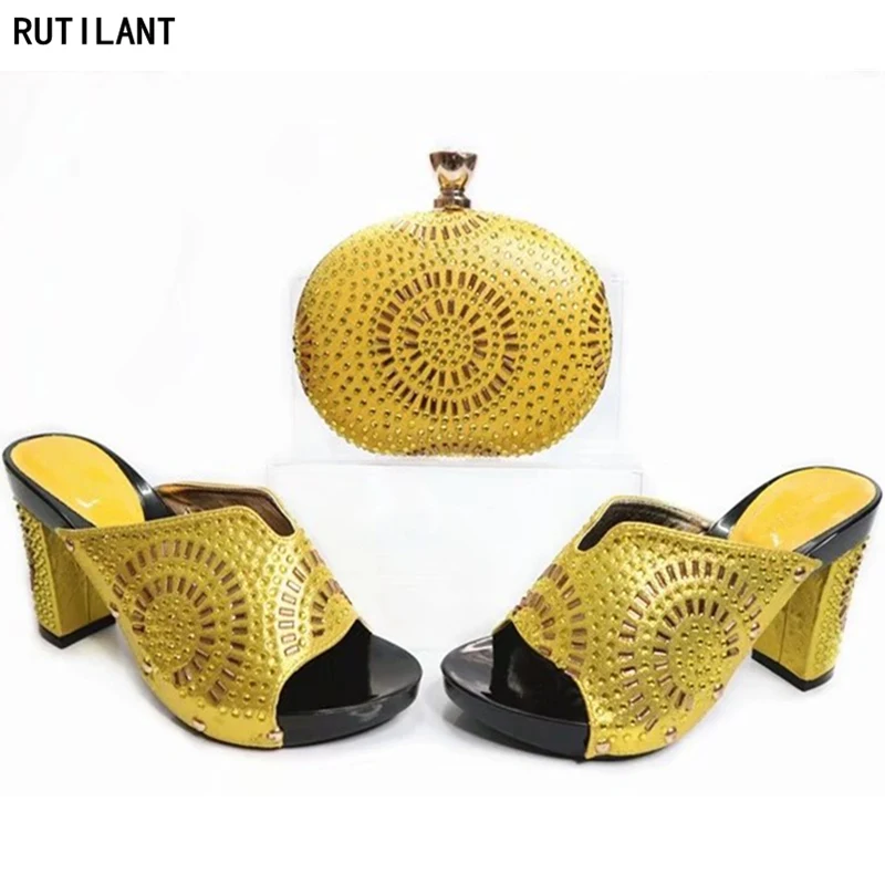 

Yellow Color Nigerian Party Shoe and Bag Sets Matching Italian Shoe and Bag Set Decorated with Rhinestone Nigerian Women Shoes