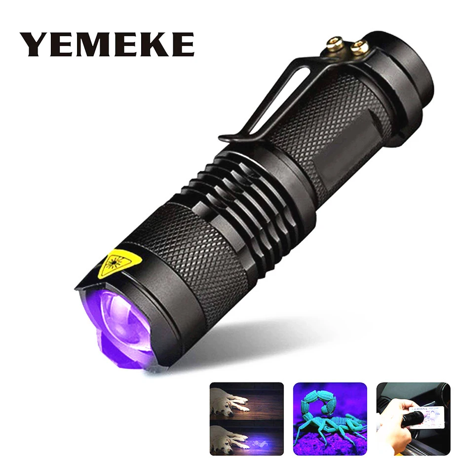

LED UV Flashlight Torch Light Ultra Purple Violet Light Black Light Zoomable Q5 UV Flashlight 14500 Battery For hunting Camping