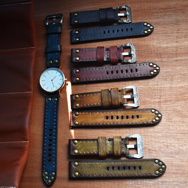 

Handmade Vintage Genuine Leather Watchbands Black Red Blue Watch Strap Band Panerai Belt Carved Buckle 20mm 22mm 24mm KZC02
