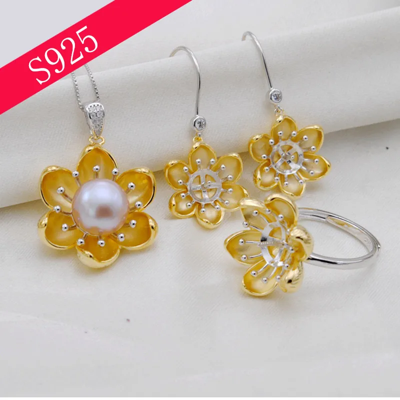 

New S925 Romantic Flower Shape Pearl Jewelry Set Woman Sterling Silver Ring Earring Pendant Set Pearl Jewelry Mounts
