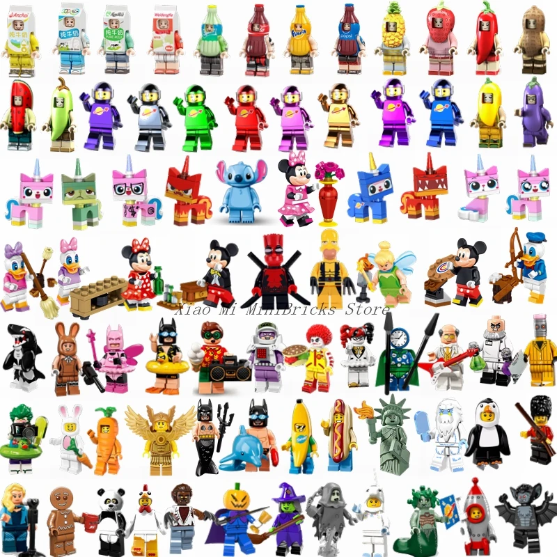 

Legoing Simpson Blocks Toys Cartoon Mickey Glasses Kitty Donald Duck Batman Elves Figures DIY Toy For Kids Legoings Super Heroes