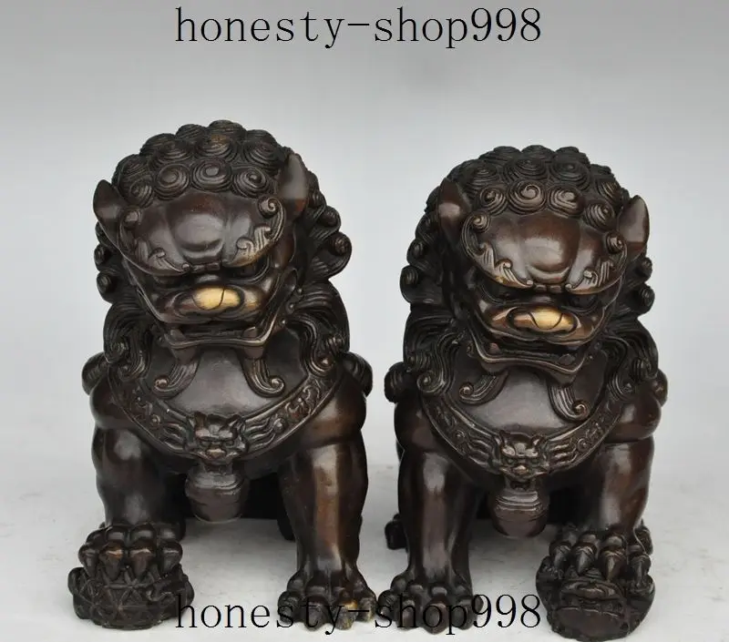

7"China Feng shui Lucky Bronze Guardian Door Foo Fu Dog Lion Beast Statue Pair
