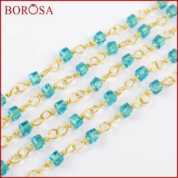 

BOROSA 5Meters Gold Plated/Silver Color Chains Square Blue Quartz Beads Rosary Chain Fashion Beaded Chains Jewelry Finding JT216