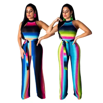 

Hot Style Sexy Colorful Print O Neck Sleeveless Strapless Bandage Loose Pants Women Casual Jumpsuit