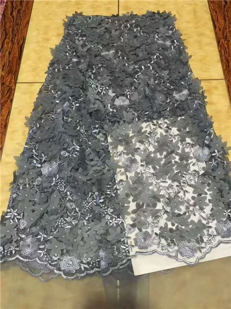 

Super quality 3d french lace fabric appliqued grey beads African tulle lace fabric for wedding party dress