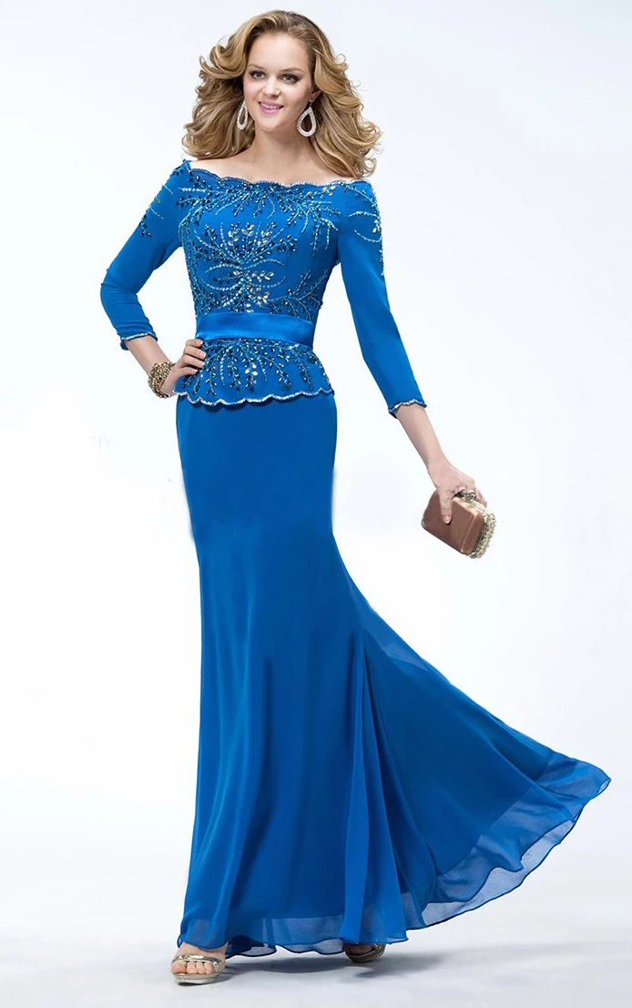 3/4 Length Sleeves Lace Embroidered Bodice Fit Flared Blue Chiffon