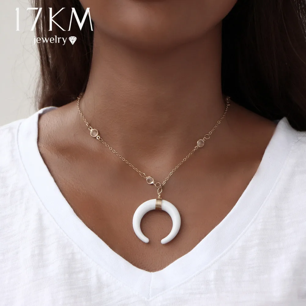 

17KM Bohemian Chokers Acrylic Ox Horn Moon Crescent Necklaces 2017 Vintage Bijoux Handmade Crystal Necklace for Women