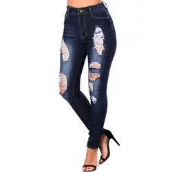 Синий колено рваные узкие брюки джинсы с рваной отделкой новые женские джинсовые штаны стрейч женские Высокая талия узкие джинсы женские 2XL
